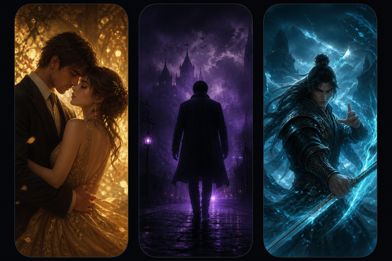 Microdrama genre frames — romance, thriller, and fantasy vertical story moments