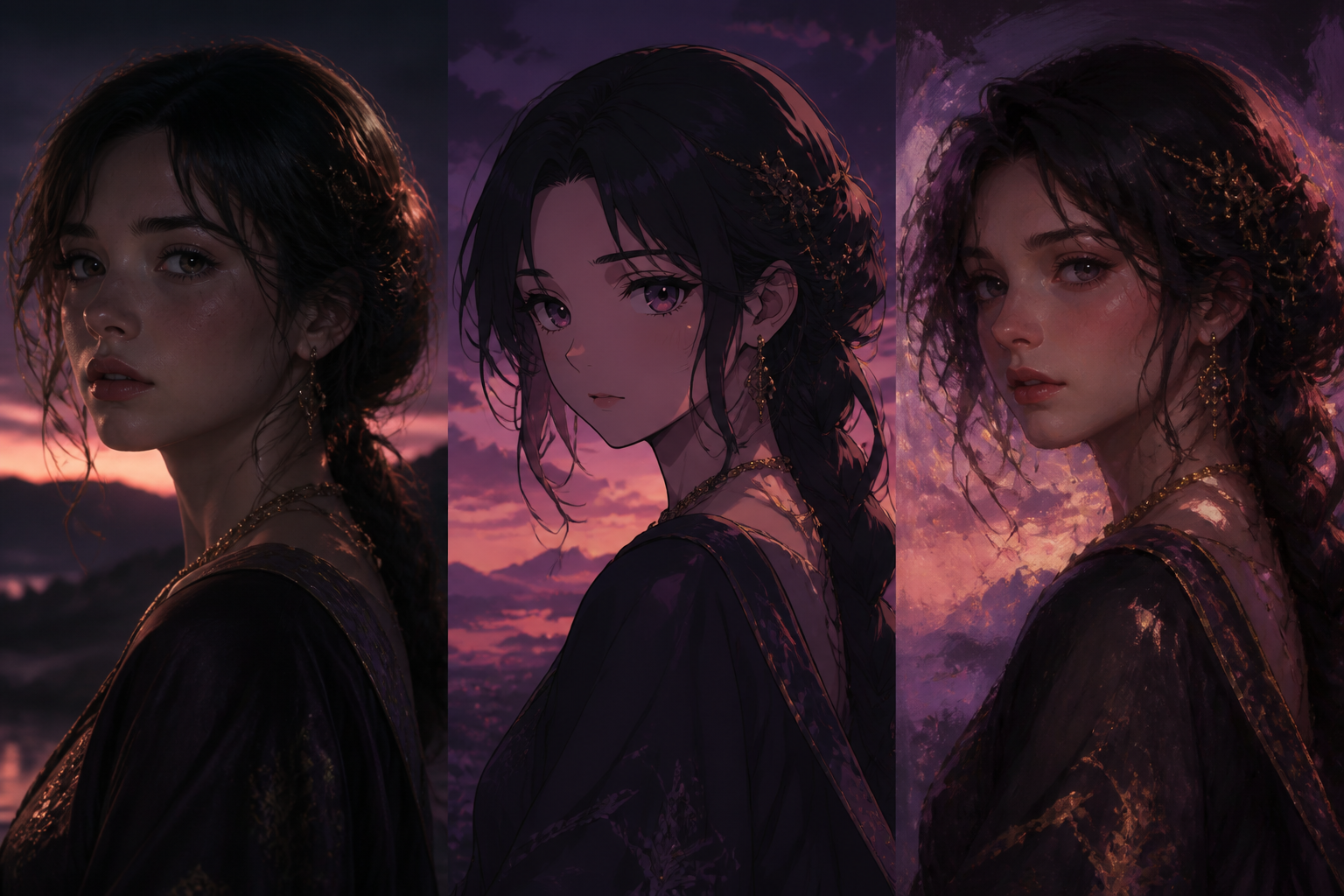 Same microdrama character rendered in cinematic, anime, and painterly art styles