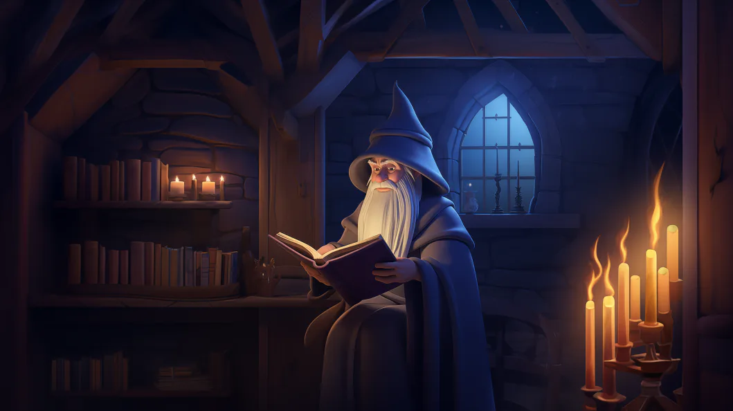 Wizard reading by candlelight — StorySage journal cover